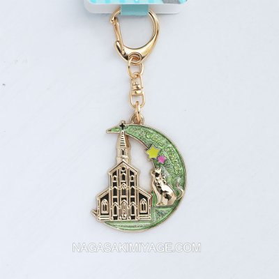 画像2: 大浦天主堂ムーンキャット キーホルダー：ピンク＆グリーン