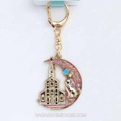 画像1: 大浦天主堂ムーンキャット キーホルダー：ピンク＆グリーン